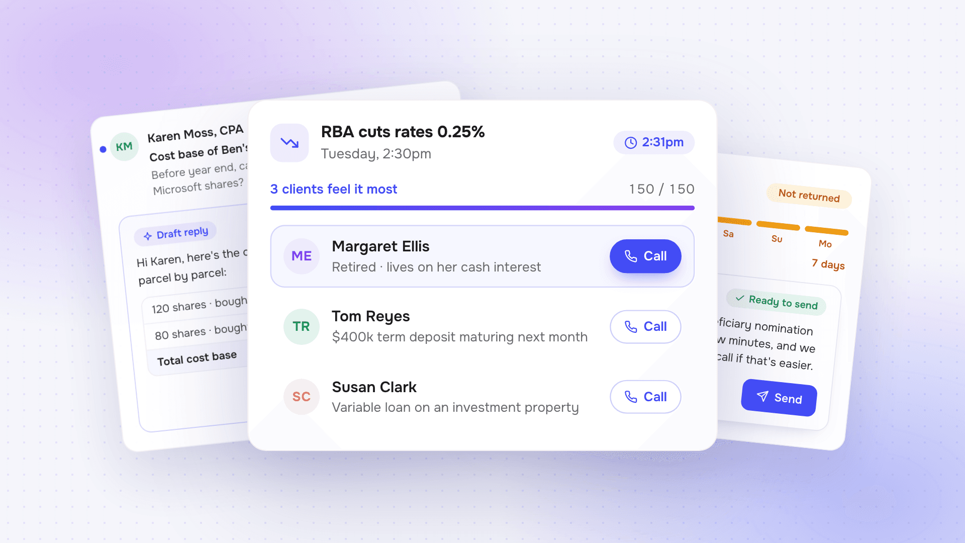 A rate-cut call list in front of a drafted reply to an accountant and a follow-up to a client.