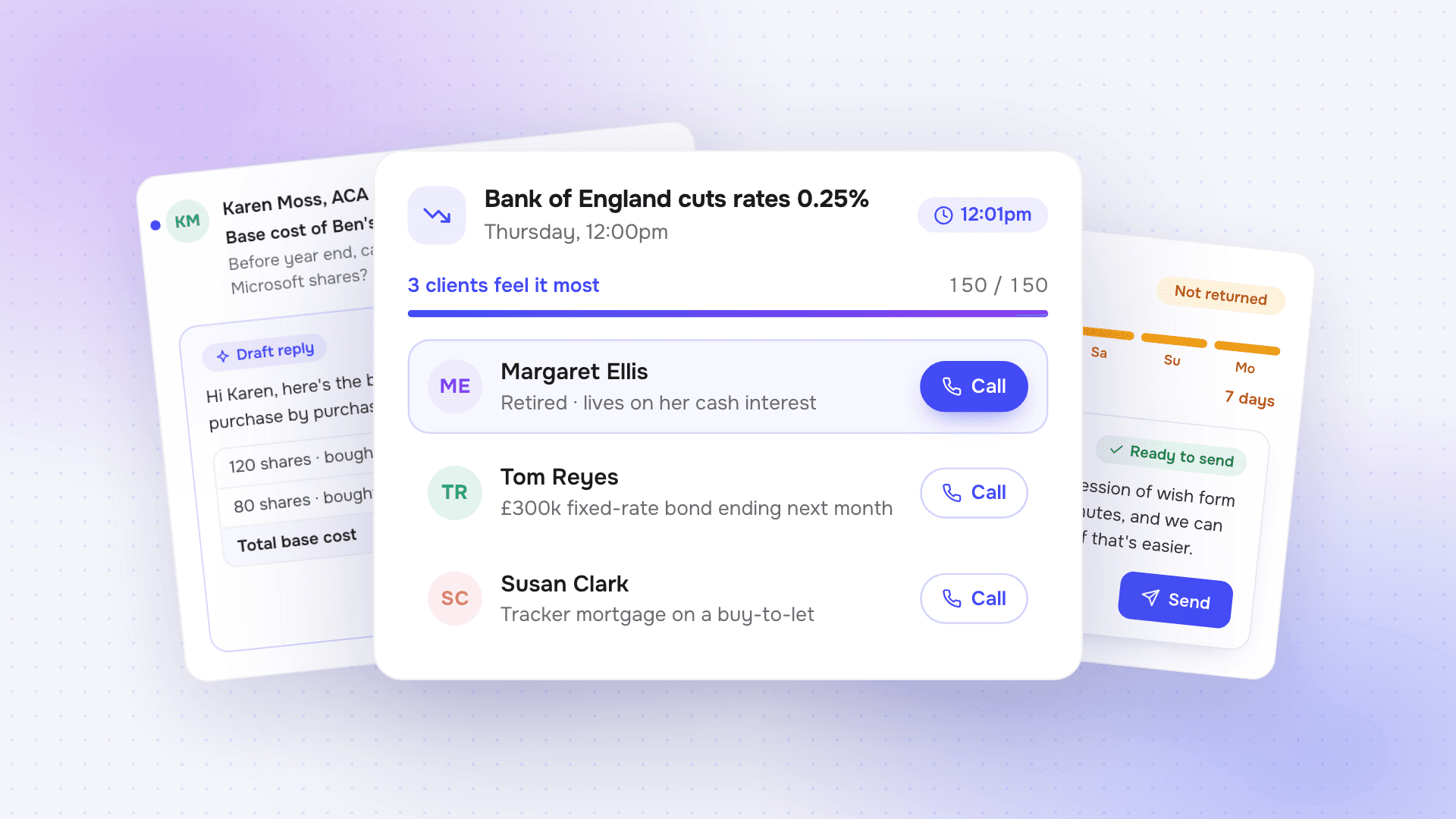 A rate-cut call list in front of a drafted reply to an accountant and a follow-up to a client.