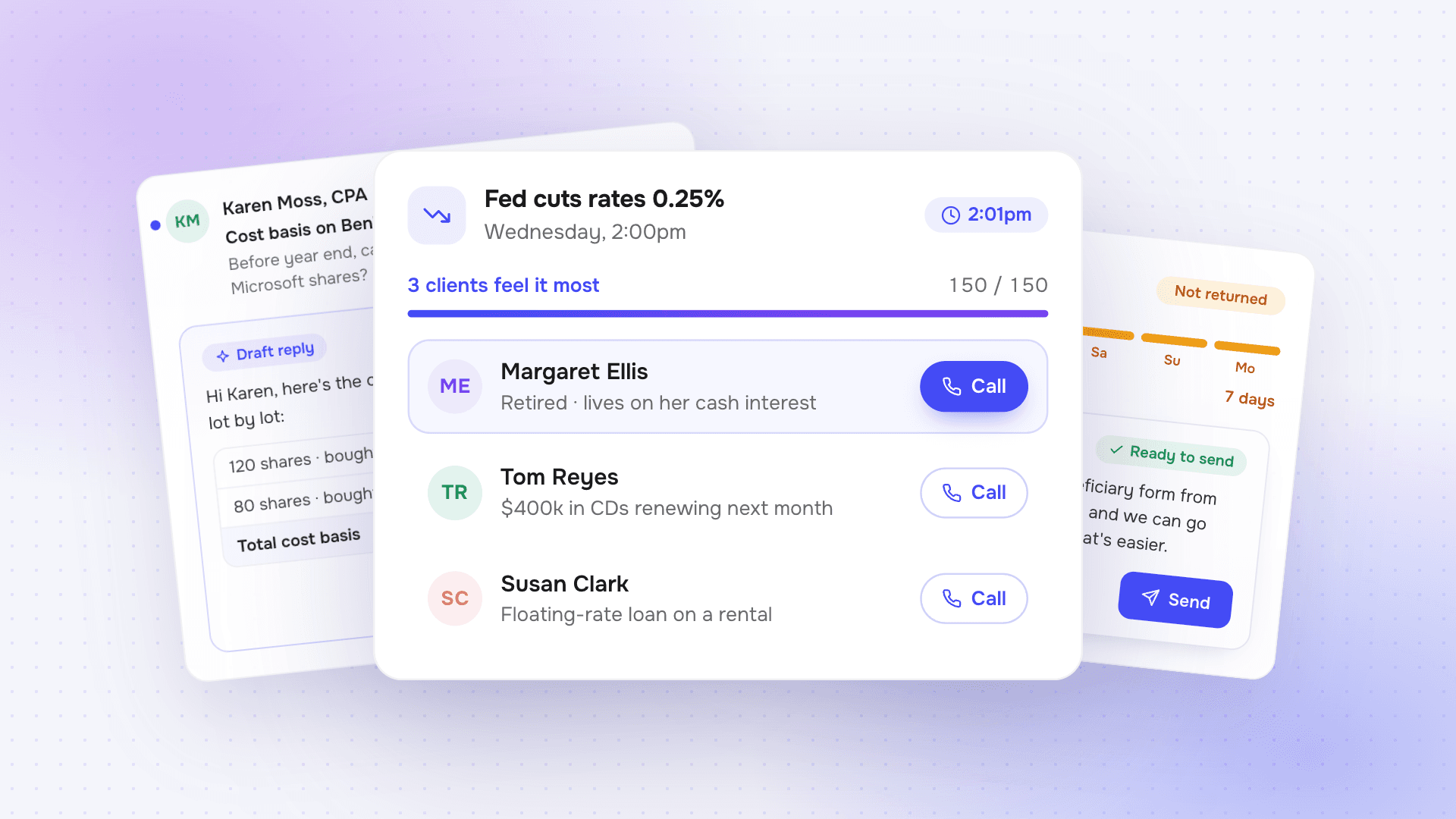 A rate-cut call list in front of a drafted reply to an accountant and a follow-up to a client.