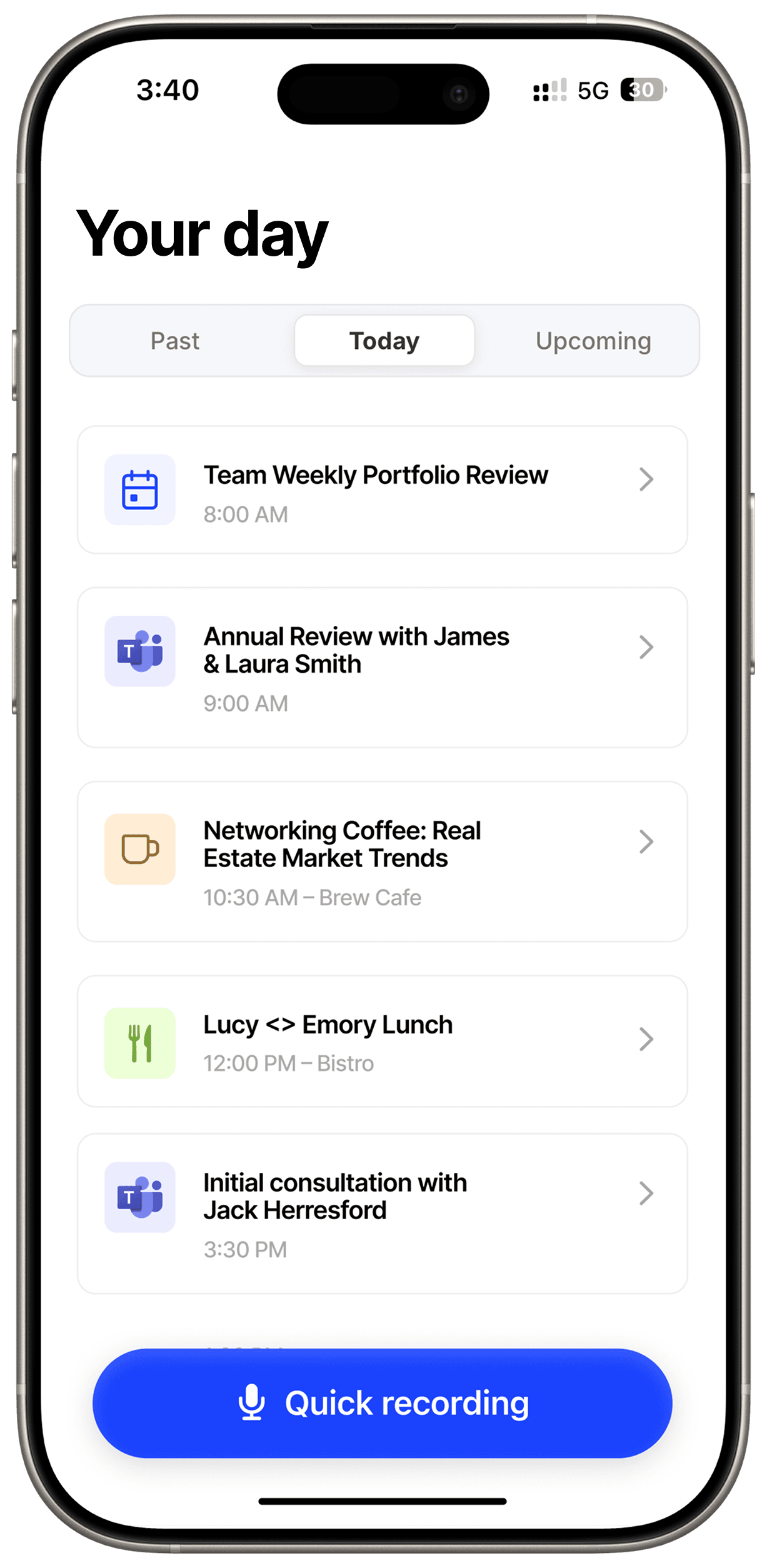 Marloo mobile app showing an adviser’s meetings and quick recording button